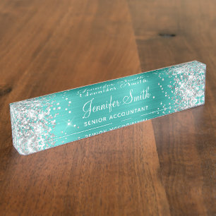 Girly Silver Glitter Bright Turquoise Foil Desk Name Plate