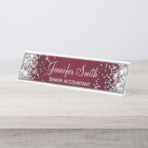 Girly Silver Glitter Burgundy Gradient Desk Name Plate