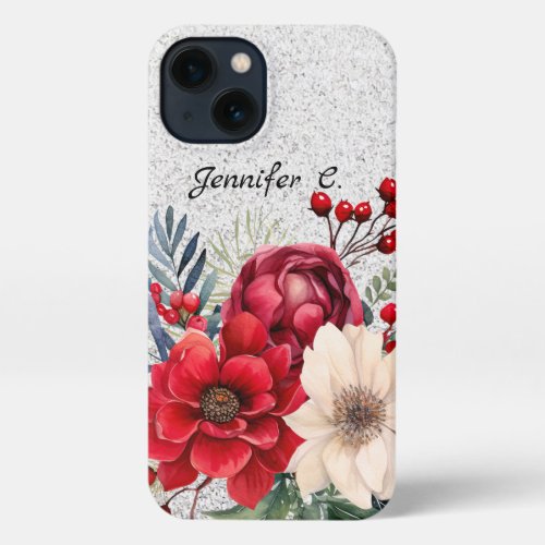 Girly Silver Glitter  Christmas Flowers iPhone 13 Case