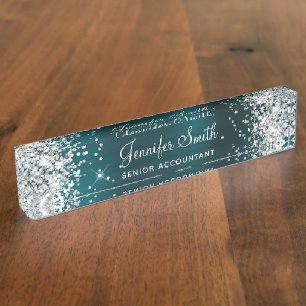Girly Silver Glitter Dark Turquoise Foil Desk Name Plate