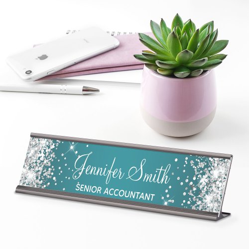 Girly Silver Glitter Dark Turquoise Gradient Desk Name Plate