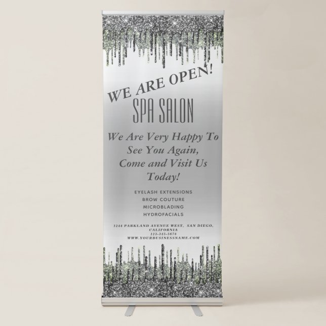 Girly Silver Glitter Double Drips Lashes SPA Salon Retractable Banner (Front)