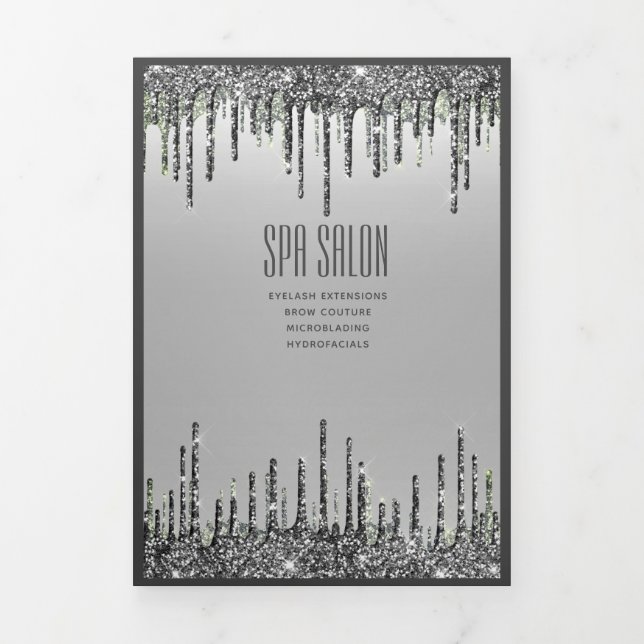Girly Silver Glitter Double Drips Salon Brochure Tri-Fold Invitation (Cover)