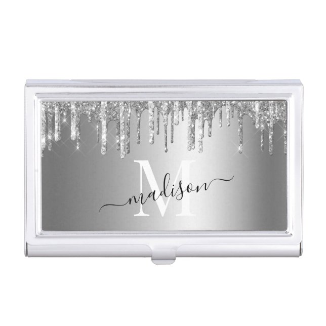 Girly Silver Glitter Drip Foil Monogram Business Card Case (Front)