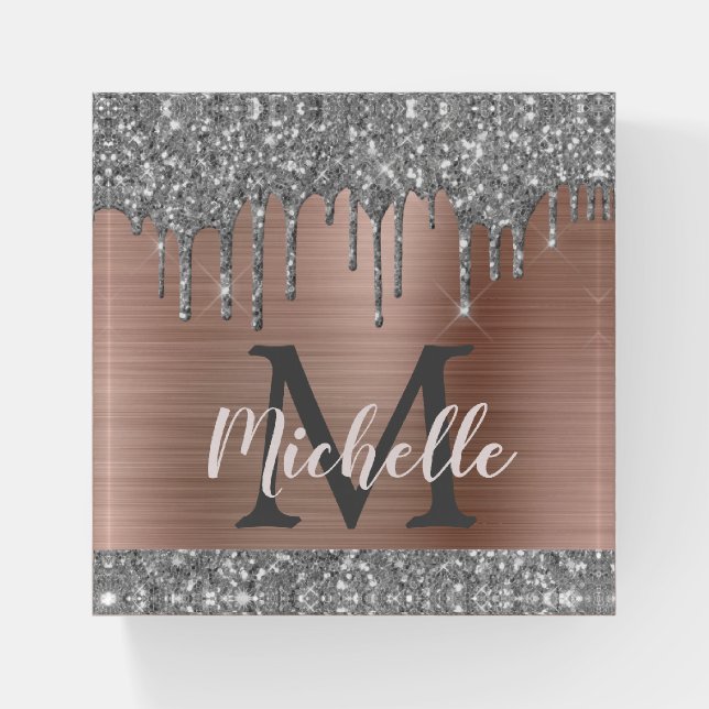 Girly Silver Glitter Drips Blush Monogram Office Paperweight (Front)