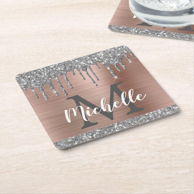 Girly Silver Glitter Drips Rose Gold Monogram Square Paper Coaster (Angled)