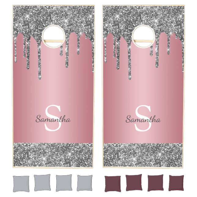 Girly Silver Glitter Drips Rose Gold Pink Monogram Cornhole Set (Set)