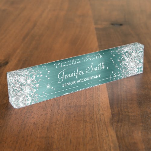 Girly Silver Glitter Faux Aqua Teal Foil Desk Name Plate