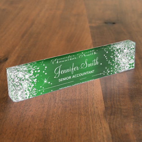 Girly Silver Glitter Faux Emerald Green Foil Desk Name Plate