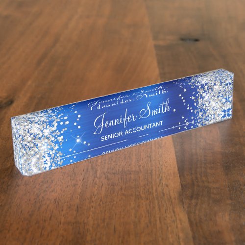 Girly Silver Glitter Faux Royal Blue Foil Desk Name Plate