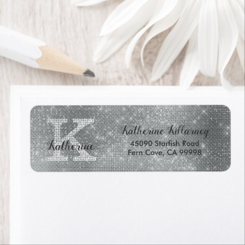 Girly Silver Glitter Glam Monogram Return Address Label