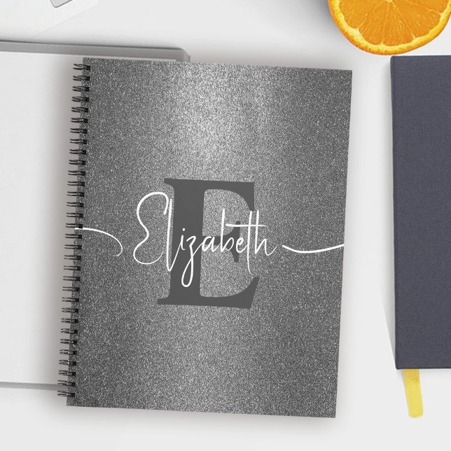 Girly Silver Glitter Gray Monogram & Script Name Notebook (Creator Uploaded)