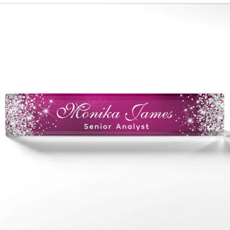 Girly Silver Glitter Hot Pink Foil Ombre Custom Desk Name Plate