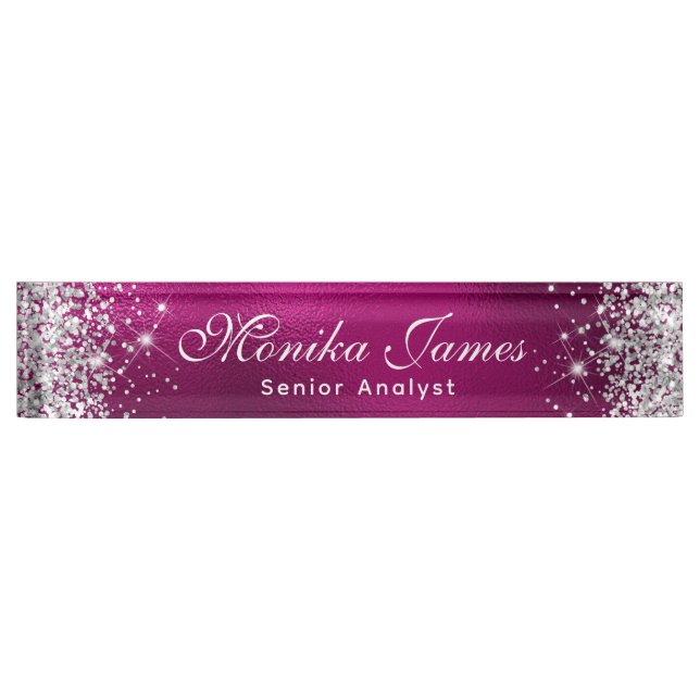 Girly Silver Glitter Hot Pink Foil Ombre Custom Desk Name Plate (Front)