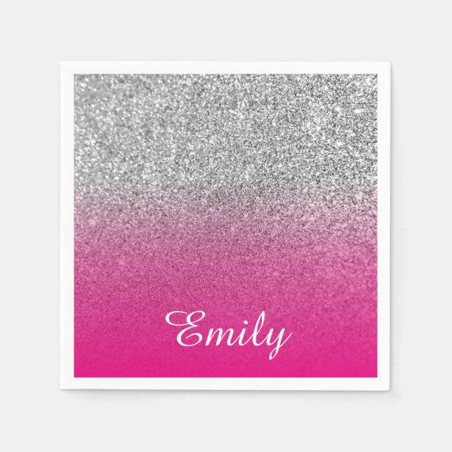 Girly Silver Glitter Hot Pink Personalized Paper Napkins (Front)