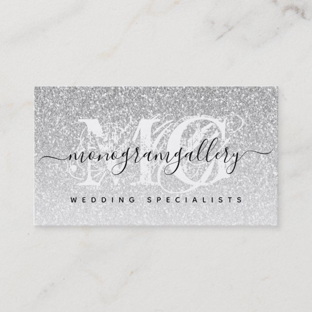 Girly Silver Glitter Luxe Glam Monogram Business Card (Front)