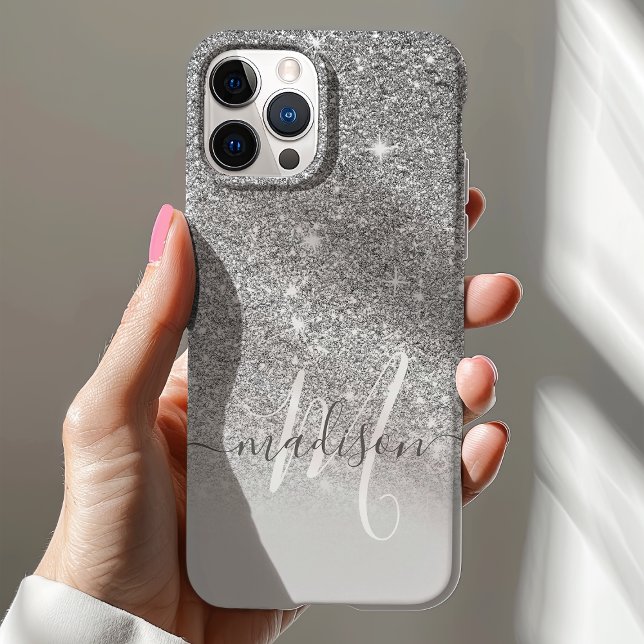 Girly Silver Glitter Monogram Name Case-Mate iPhone Case (Creator Uploaded)