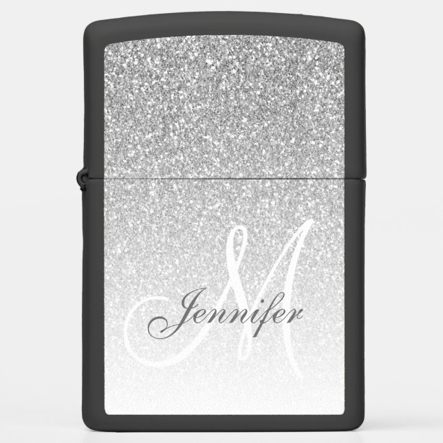 Girly Silver Glitter Monogram Name Zippo Lighter (Front)