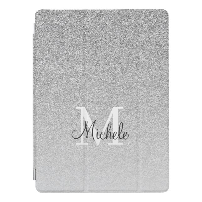 Girly Silver Glitter Monogram Script iPad Pro Cover (Front)