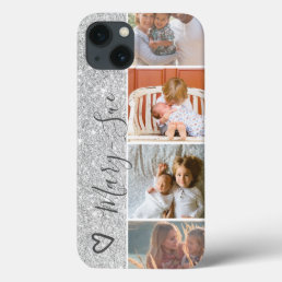 Girly silver glitter name 4 photos collage grid iPhone 13 case