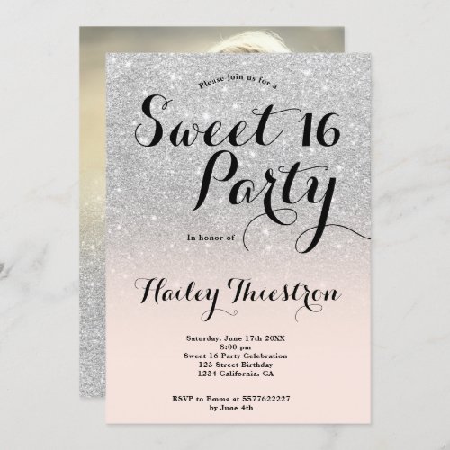 Girly silver glitter ombre photo blush Sweet 16 Invitation