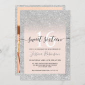 Girly silver glitter ombre pink chic Sweet 16 Invitation (Front/Back)