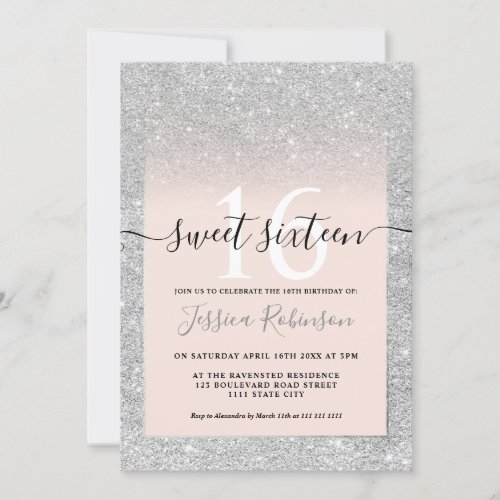 Girly silver glitter ombre pink chic Sweet 16 Invitation