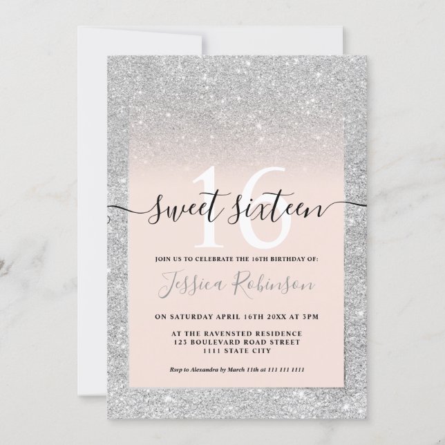Girly silver glitter ombre pink chic Sweet 16 Invitation (Front)