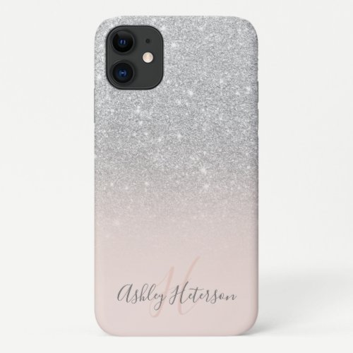 Girly silver glitter ombre sparkles monogrammed iPhone 11 case