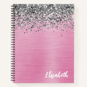 Girly Silver Glitter Pink Brushed Metal Monogram Notebook