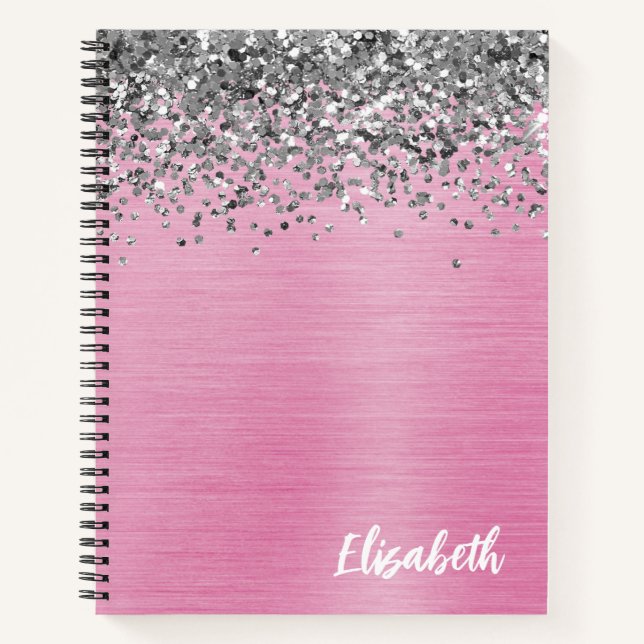 Girly Silver Glitter Pink Brushed Metal Monogram Notebook (Front)