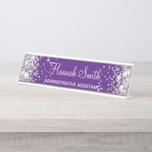 Girly Silver Glitter Royal Purple Desk Name Plate