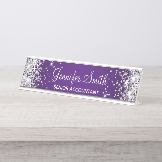 Girly Silver Glitter Royal Purple Gradient Desk Name Plate (Front)