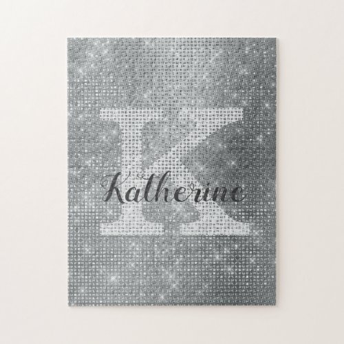 Girly Silver Glitter Sparkle Chic Monogram Name Jigsaw Puzzle