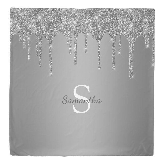 Girly Silver Glitter Sparkle Drips Monogram Duvet Cover (Front)
