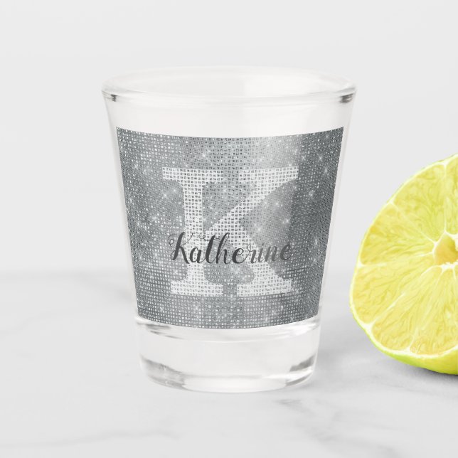 Girly Silver Glitter Sparkle Fun Monogram Name Shot Glass (Front)
