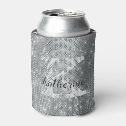 Girly Silver Glitter Sparkle Glam Monogram Name Can Cooler