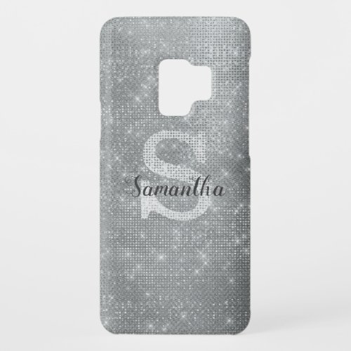 Girly Silver Glitter Sparkle Glam Monogram Name Case_Mate Samsung Galaxy S9 Case