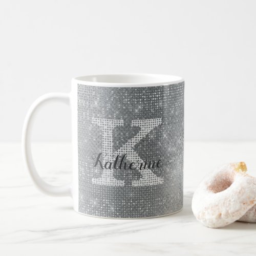 Girly Silver Glitter Sparkle Glam Monogram Name Coffee Mug