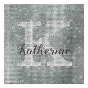 Girly Silver Glitter Sparkle Glam Monogram Name Faux Canvas Print