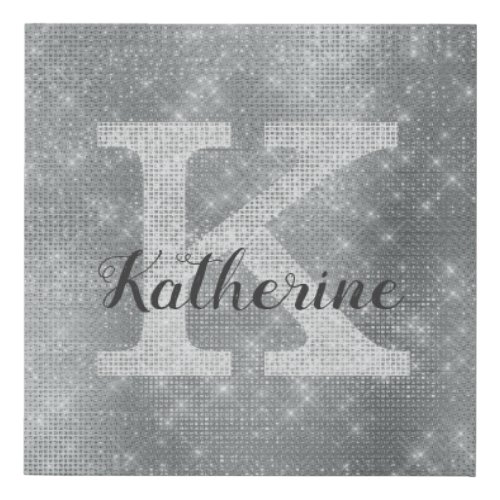 Girly Silver Glitter Sparkle Glam Monogram Name Faux Canvas Print