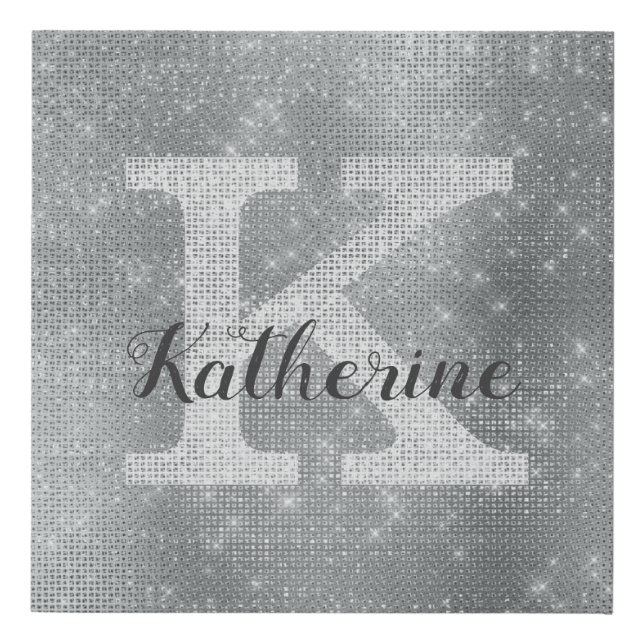 Girly Silver Glitter Sparkle Glam Monogram Name Faux Canvas Print (Front)