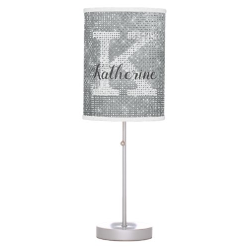 Girly Silver Glitter Sparkle Glam Monogram Name Table Lamp