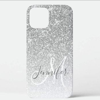 Girly Silver Glitter Sparkle Monogram Name Iphone 12 Case by epclarke at Zazzle