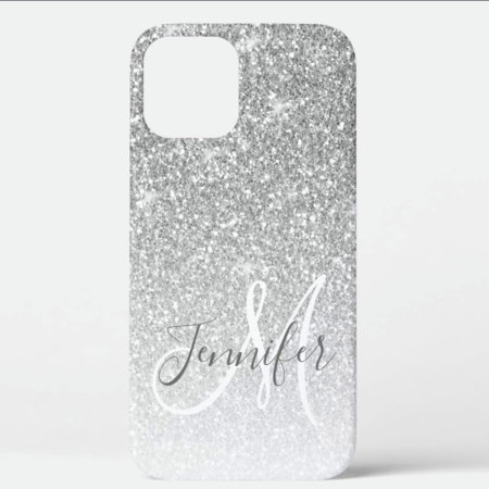 Girly Silver Glitter Sparkle Monogram Name Iphone 12 Case
