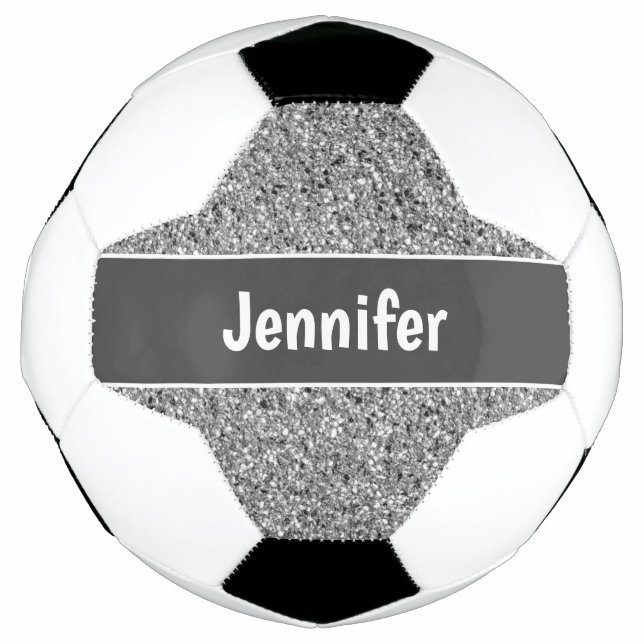 Girly Silver Glitter Sparkle Personalized Kids Soccer Ball (Front)