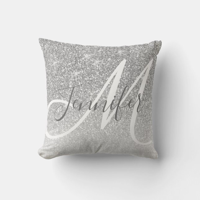 Girly Silver Glitter Sparkle Script Monogram Throw Pillow (Front)