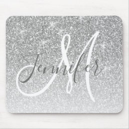 Girly Silver Glitter Sparkles Grey Monogram Name Mouse Pad