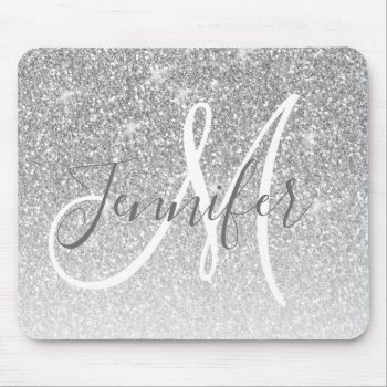 Girly Silver Glitter Sparkles Grey Monogram Name Mouse Pad by epclarke at Zazzle