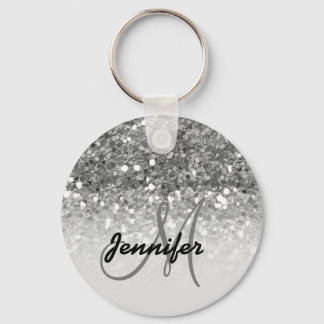 Girly Silver Glitter Sparkles Monogram Name Keychain